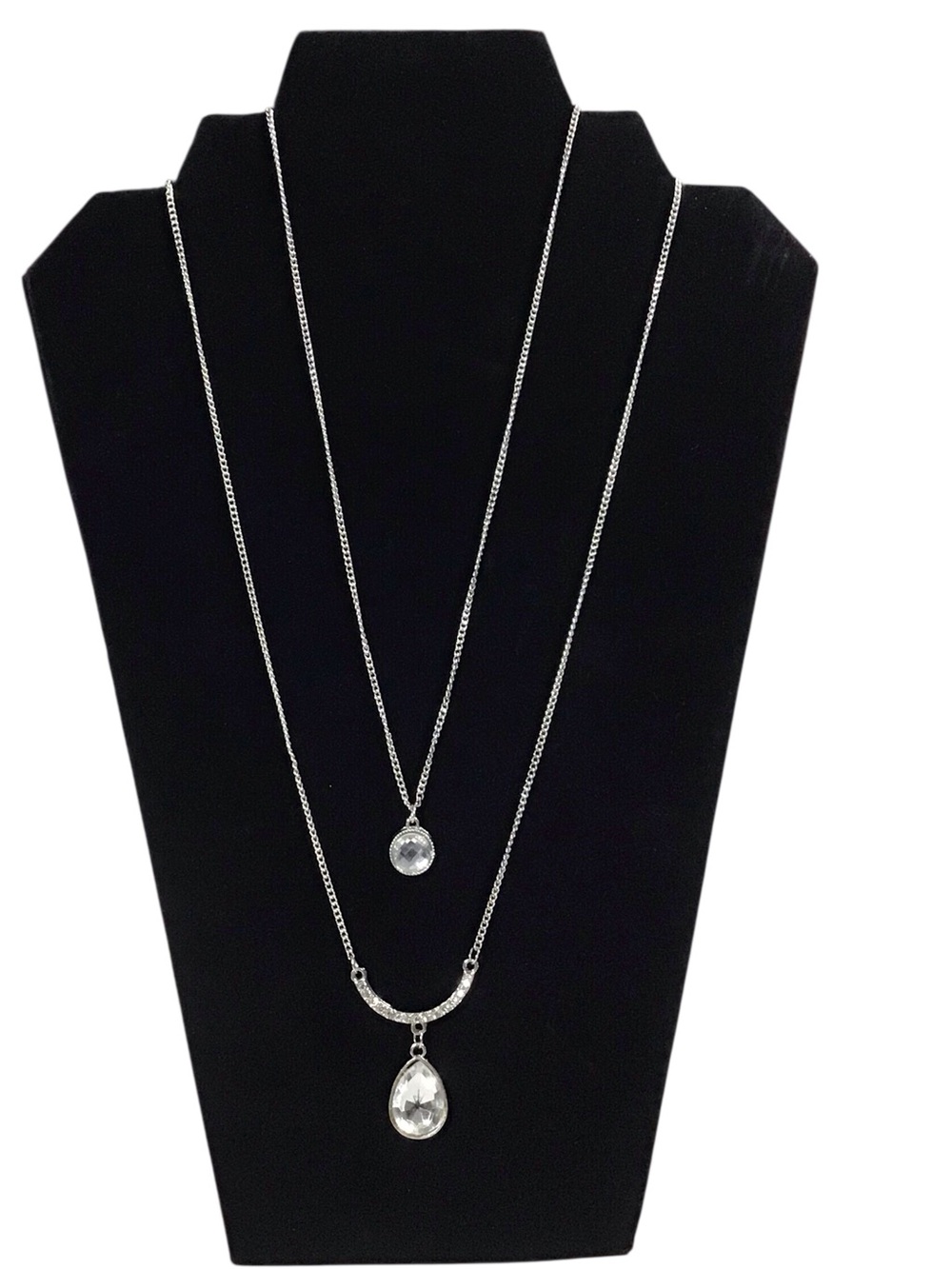 Layered Drop Necklace Clear Gems Silver Tone Fashion Jewelry